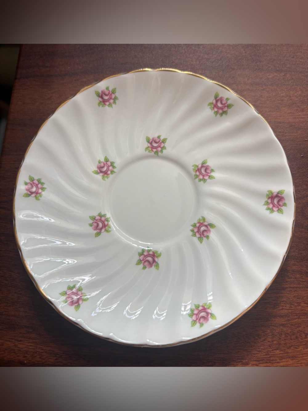 Delicate White Porcelain Saucer with Pink Rose Motif and Gold Trim